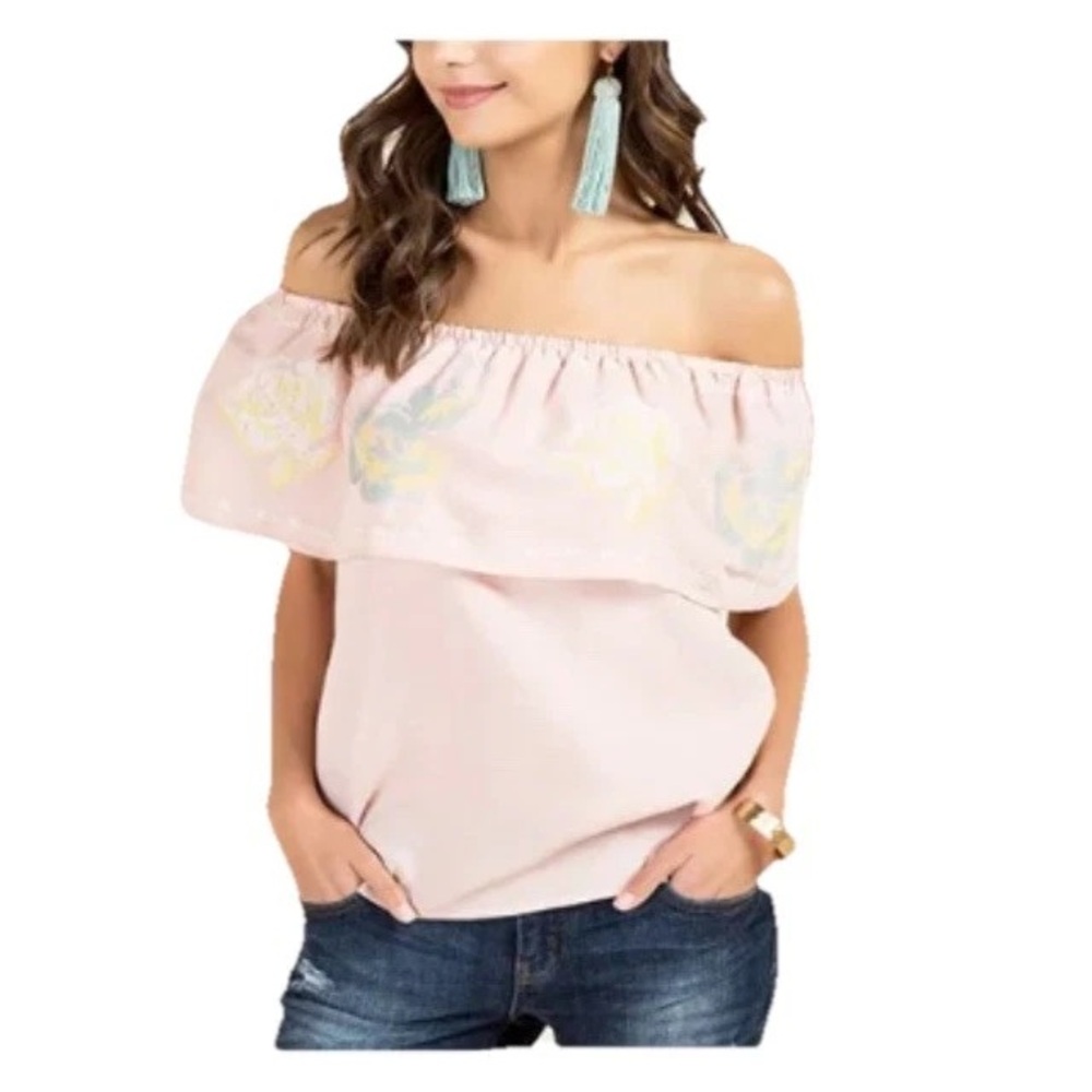 Miami On or Off The Shoulder Size S Callie Rose Pink Embroidery Women’s Top